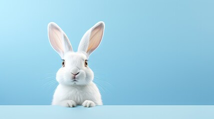 Obraz premium 3D rendering of a pastel blue background with a white rabbit ear for Easter day