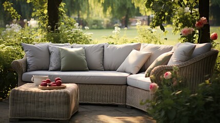 Gray cushions on stylish wicker sectional couch in lush garden - obrazy, fototapety, plakaty