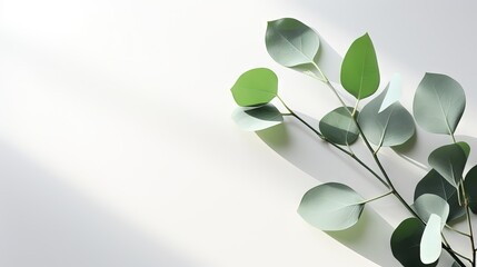 Eucalyptus branch with shadows on light background suitable for product presentation or cosmetic advertising display - obrazy, fototapety, plakaty