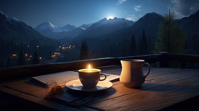 Cozy evening ambiance in nature with a cup of coffee a book mountains and a full moon rising