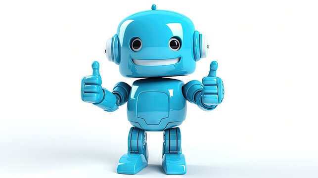 3D rendering of adorable blue robot with thumbs up on white background
