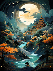 Chinese Traditional Landscape Illustration,Fantastical Landscape: A Dream-Like Mountainous Region,landscape with mountains