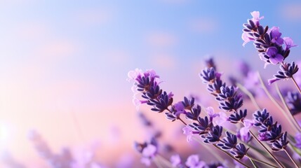Lavender flowers in full bloom against a soft purple gradient. - obrazy, fototapety, plakaty