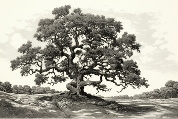 Vintage illustration of an oak tree from a 1897 encyclopedia. Generative AI - obrazy, fototapety, plakaty
