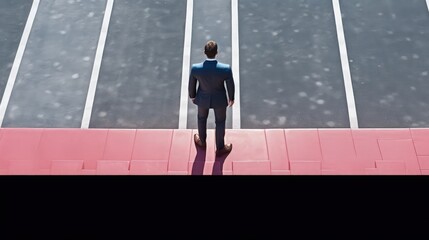 Businessman at the starting line facing a challenge or seeking innovation