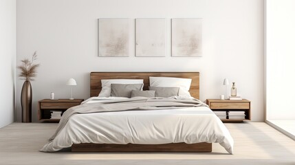 Fototapeta na wymiar Modern minimalist interior design with a white project draft showcasing a wooden headboard velvet bed bedding pillows and carpet in a 3D illustration