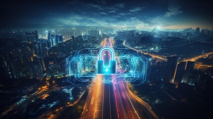Fototapeta premium Cyber security success symbol on urban highway at night Traffic junction of transport network Intelligence in protection against threats