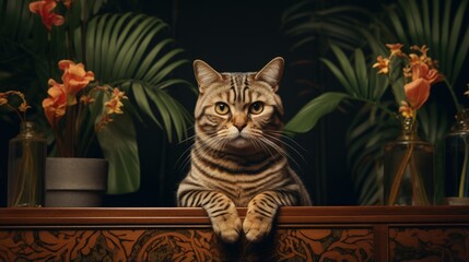 Confused Exotic Shorthair Cat sitting by a plant giving grumpy expressions staring beyond the camera - obrazy, fototapety, plakaty