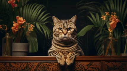 Fotobehang Confused Exotic Shorthair Cat sitting by a plant giving grumpy expressions staring beyond the camera © vxnaghiyev