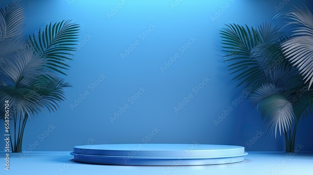 Poster Blurred blue background with window shadows and palm leaves Empty studio with copy space Summer concert atmosphere