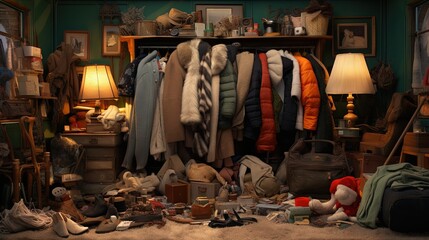 Messy room with winter clothes - obrazy, fototapety, plakaty