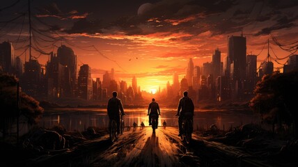 Fototapeta premium A couple walking down a street at sunset