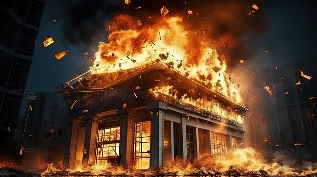 Bankruptcy symbolized by a burning financial bank building a bank crash a financial crisis