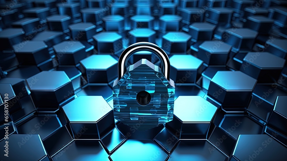 Aufkleber 3d rendered hexagonal background with black and blue abstract padlock icon