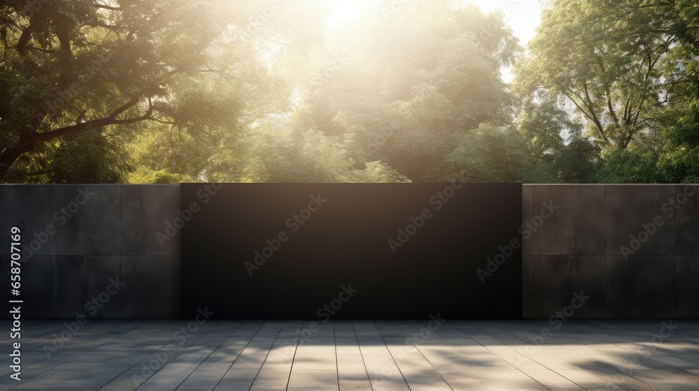 Poster Empty black poster on concrete building with trees and sunlight in the background Mock up