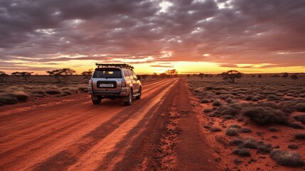 Fototapeta premium Australia red sand unpaved road and 4x4 at sunset Francoise Peron Shark Bay