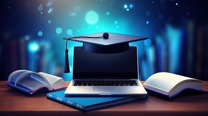 Digital online education with a laptop serving as a book screen web page with books and a graduation hat offers e learning training workshops courses and cloud technology at home