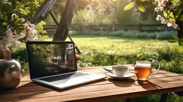 Freelancing and e learning in a garden workspace with tea laptop and bookshine