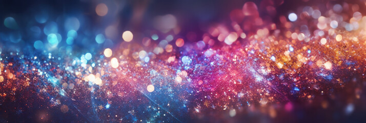 abstract glitter lights background. Christmas, New Years, Party glitter celebration. colorful, blue, gold and black. banner size. Generative AI.