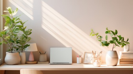 In the minimalist home office, you'll find a white desk, a green plant, and abundant natural light.