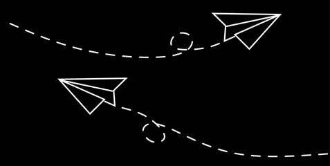 One line Group of paper planes flying in one direction and one turning in another direction. Business concept for new ideas, innovative solution and creativity. Black background - obrazy, fototapety, plakaty