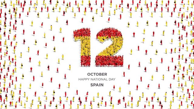 Happy National Day Spain. A large group of people form to create the number 12 as Spain celebrates its National Day on the 12th of October. 4K Animation Video.