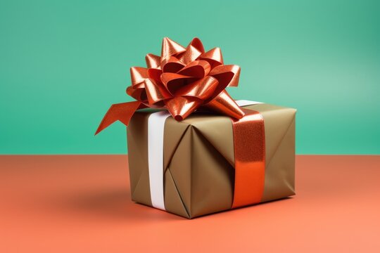 Brown gift with red ribbon on an orange table and teal background