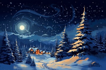 Snowy night landscape with Christmas tree. Generative AI
