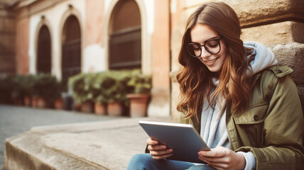 Young woman with glasses smiling while reading tablet in urban setting - obrazy, fototapety, plakaty