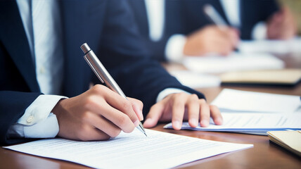 Close-up of a person's hand holding a pen, signing a document in a professional setting