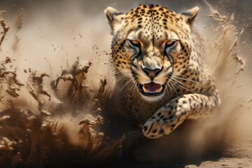 Fototapeta premium A cheetah sprinting through muddy terrain in its natural habitat