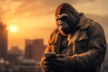 Gorilla using a mobile phone on a modern city background