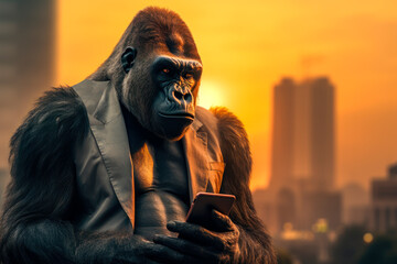 Gorilla using a smartphone on a modern city background