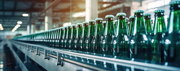 Deurstickers new bottles on conveyor belt in beer factory. Disinfection process and filling bootles. © Michal
