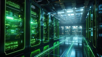 A server room with green lights indicating energy-efficient operations. - obrazy, fototapety, plakaty