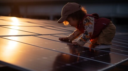 childs hand gently touches the sun panel