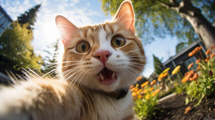 Portrait of a happy cat on a blurred background, beautiful lighting.