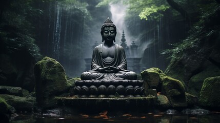 Buddha statue at the waterfall in nature