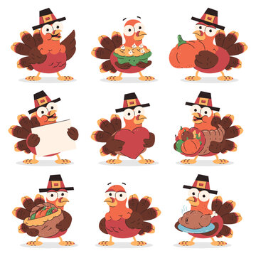 Cute cartoon turkey vector Thanksgiving characters set isolated on a white background.