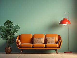 3D image of the front view of a Scandinavian tree seater sofa isolated on solid and cheerful background. Wall light and plant in vase.
