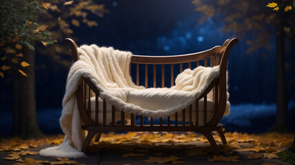 Wooden Crib white cream fur blanket  for newborn digital backdrop  - obrazy, fototapety, plakaty