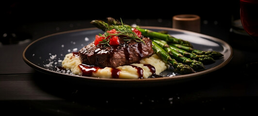 Beef with pomegranate reduction, grilled asparagus. Generative AI.