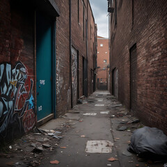 A gritty urban alley with weathered brick