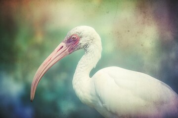 Pastel-toned double exposed image of a white ibis. Generative AI