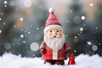 Christmas decoration with cute cheerful santa in the snow in the winter forest bokeh background