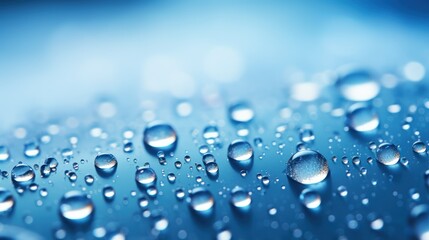 Delicate water droplets on a gradient blue background, gleaming with reflected light.