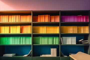Arrangement of documents on shelves against a brightly colored backdrop. Generative AI