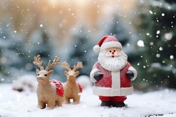Christmas decoration with cute cheerful santa and reindeer in the snow in the winter forest bokeh background