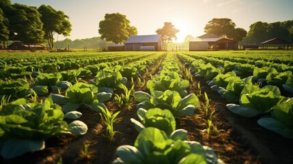 Rows of diverse crops in an organic farm, featuring rich greens and earthy browns, represent sustainability.