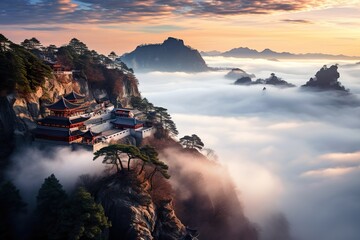 The ethereal beauty of Wudang Mountains, is immersed in a captivating sea of clouds. The mystical atmosphere transforms the landscape into an enchanting wonderland